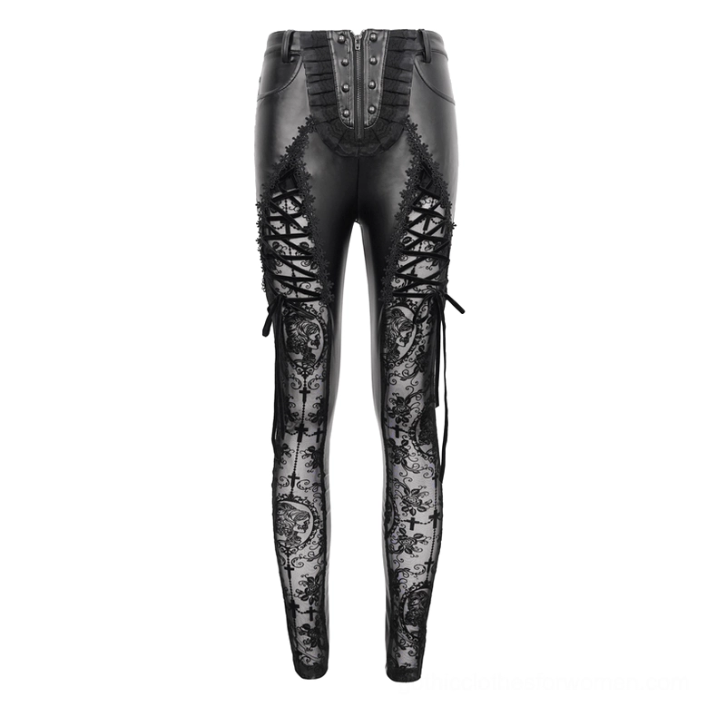 Black punk lace-up gothic leggings flat lay front view with corset waist and lace-up leg inserts