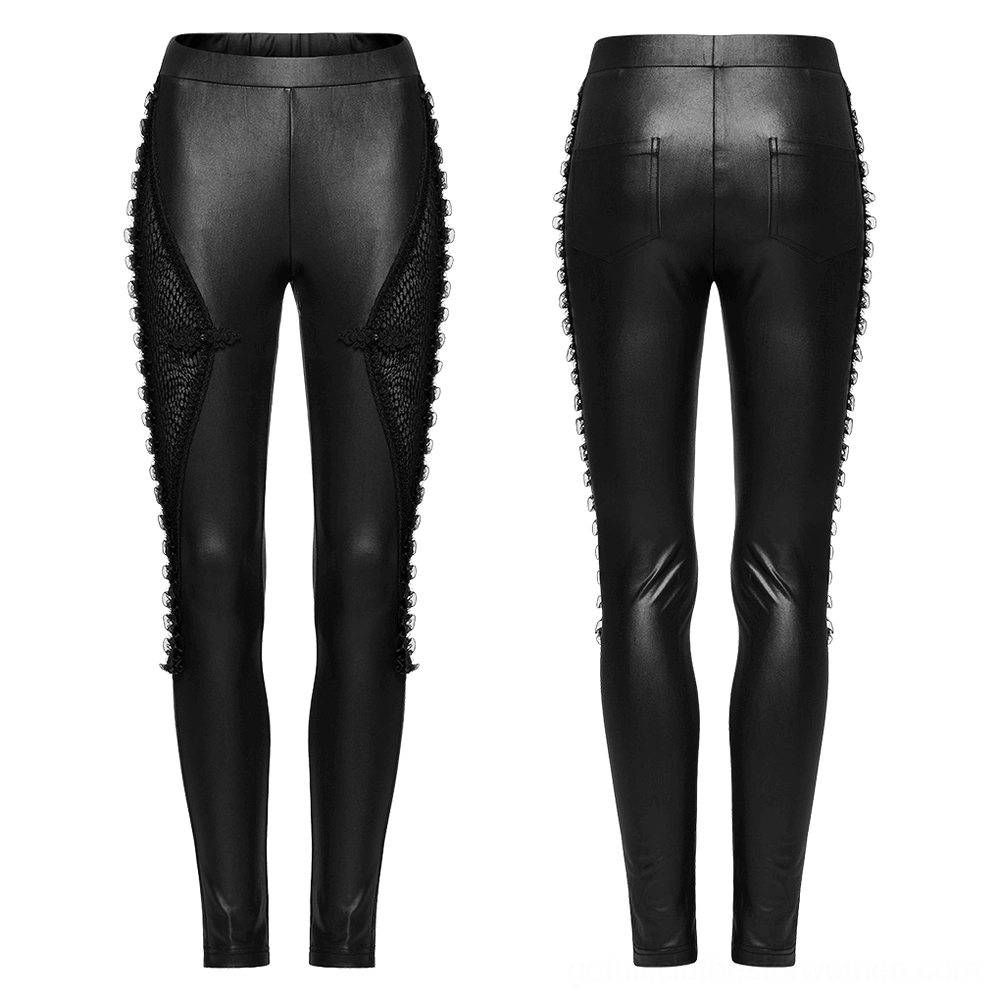 Gothic skinny leggings flat lay front and back product display with mesh panels