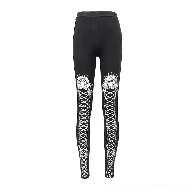 Black gothic leggings flat lay front view showing white lace-up rose prints and solid waistband detail