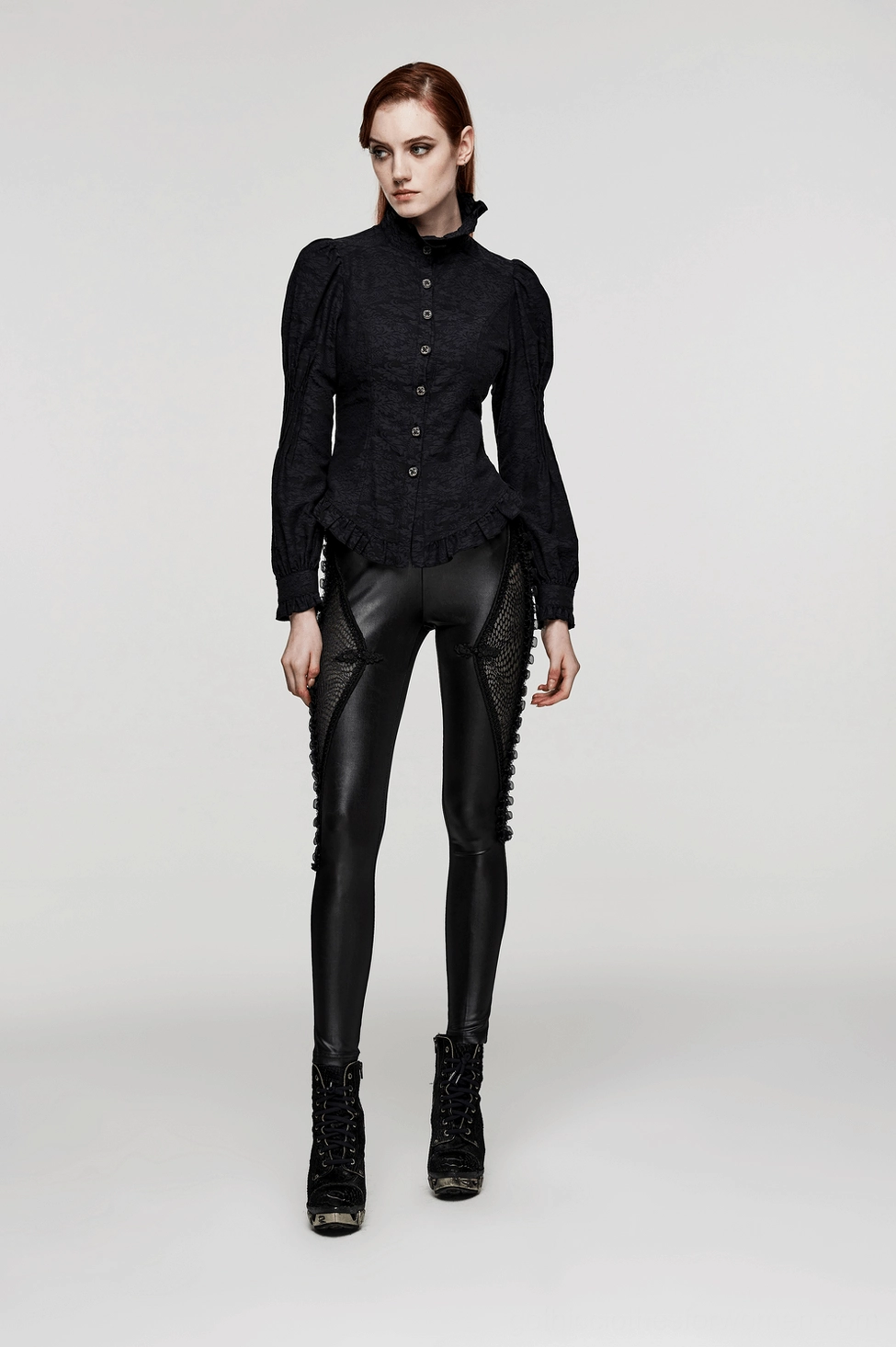 Black mesh-panel gothic leggings front detail with lace-trimmed seams