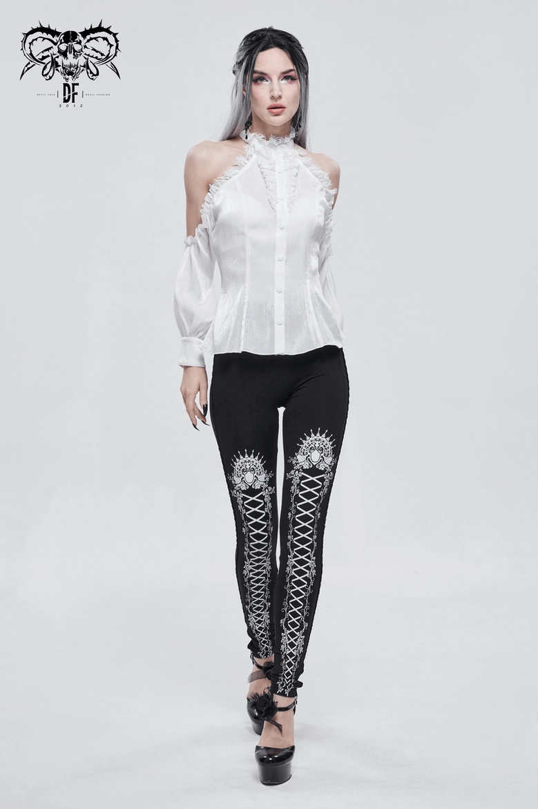 Gothic rose leggings full length view showing fit, length, and overall ornamental print design