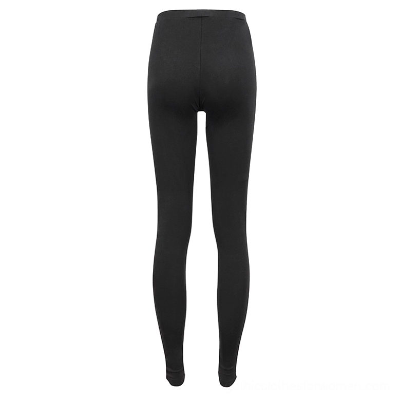 High-waisted black asymmetrical gothic leggings rear flat display showing matte finish and fitted silhouette