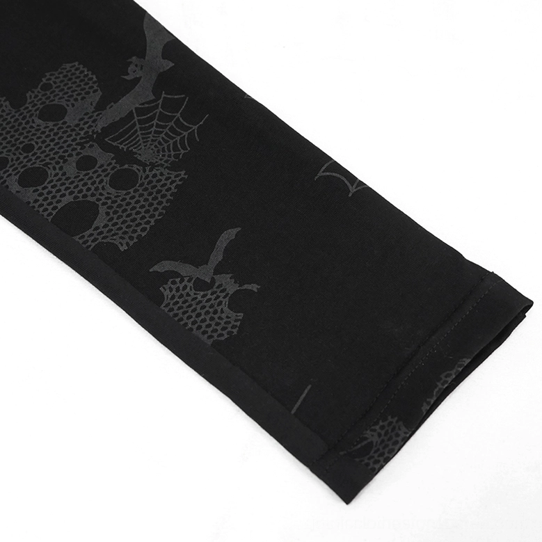 Asymmetrical gothic leggings leg hem detail showing horror pattern prints and finished rolled hem edge