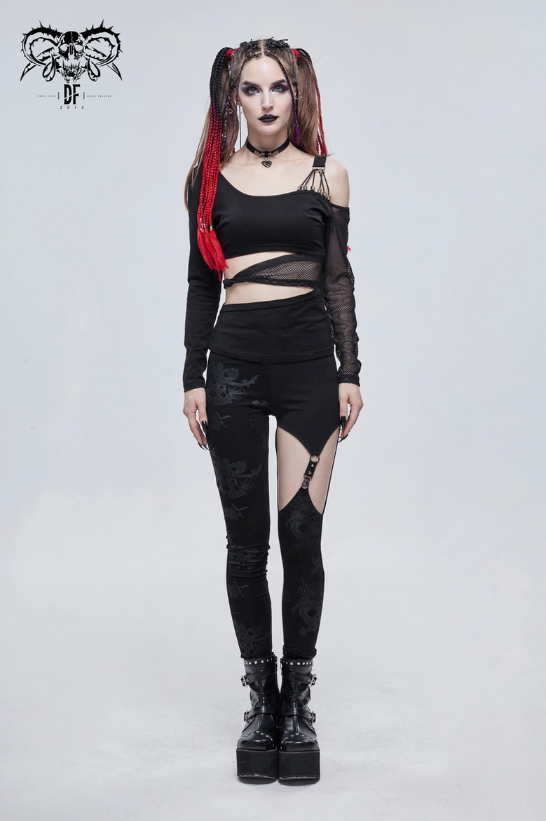 Asymmetrical gothic leggings product lifestyle shot with alternative fashion styling and dark aesthetic accessories
