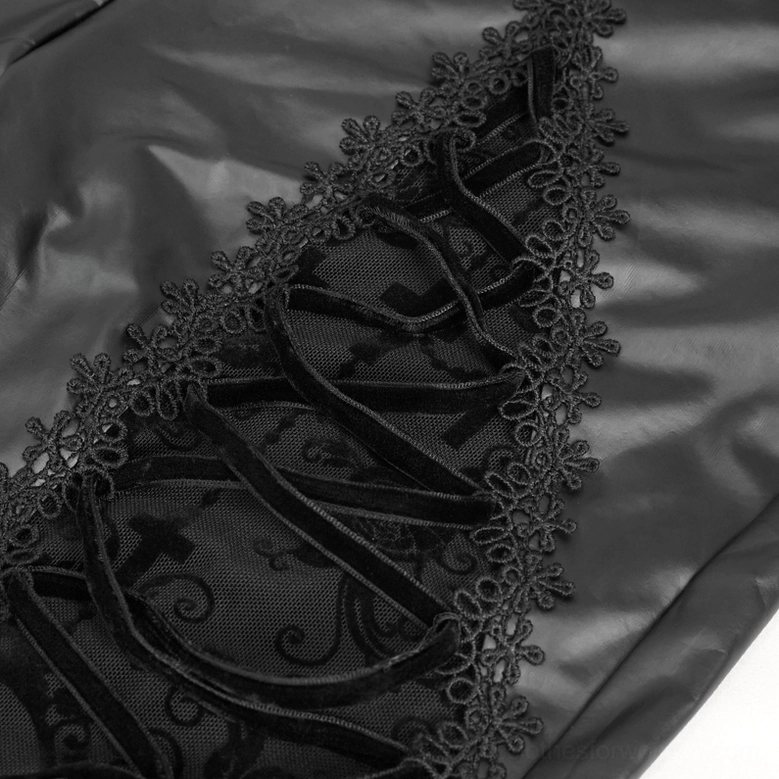 Close-up of black gothic leggings lace-up leg detail with velvet lace-up straps and floral lace edging