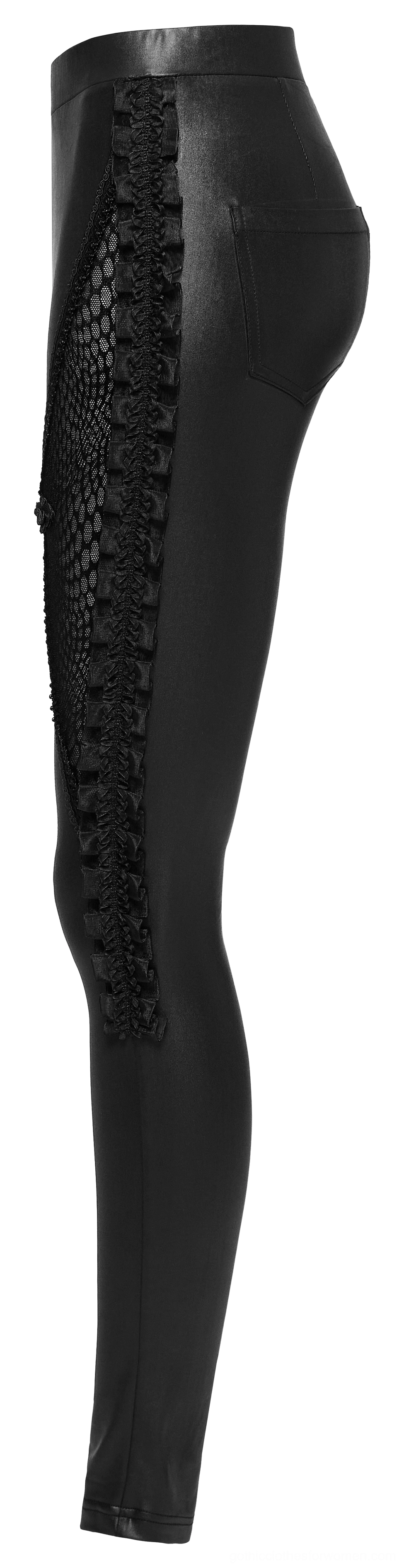 Lace-up gothic leggings left side view displaying fitted silhouette and decorative elements