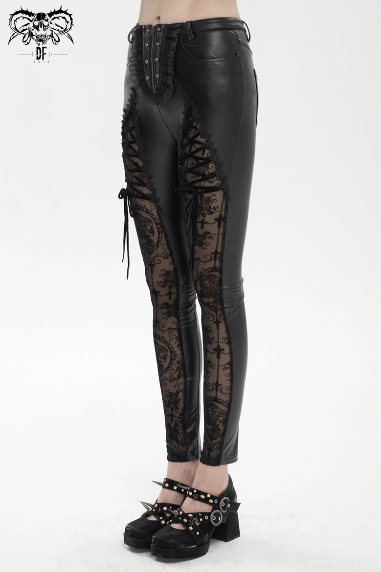 Black gothic lace-up leggings model wear showing leg panel lace details and fit profile
