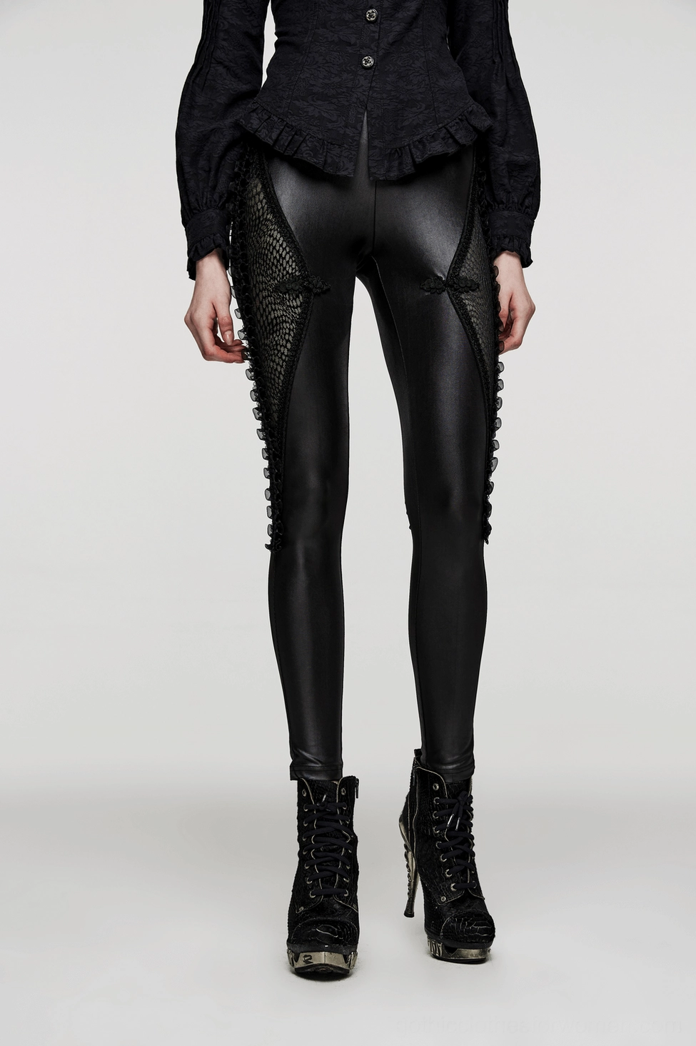 Lace-up gothic leggings lower leg detail showing slim fit and hem opening