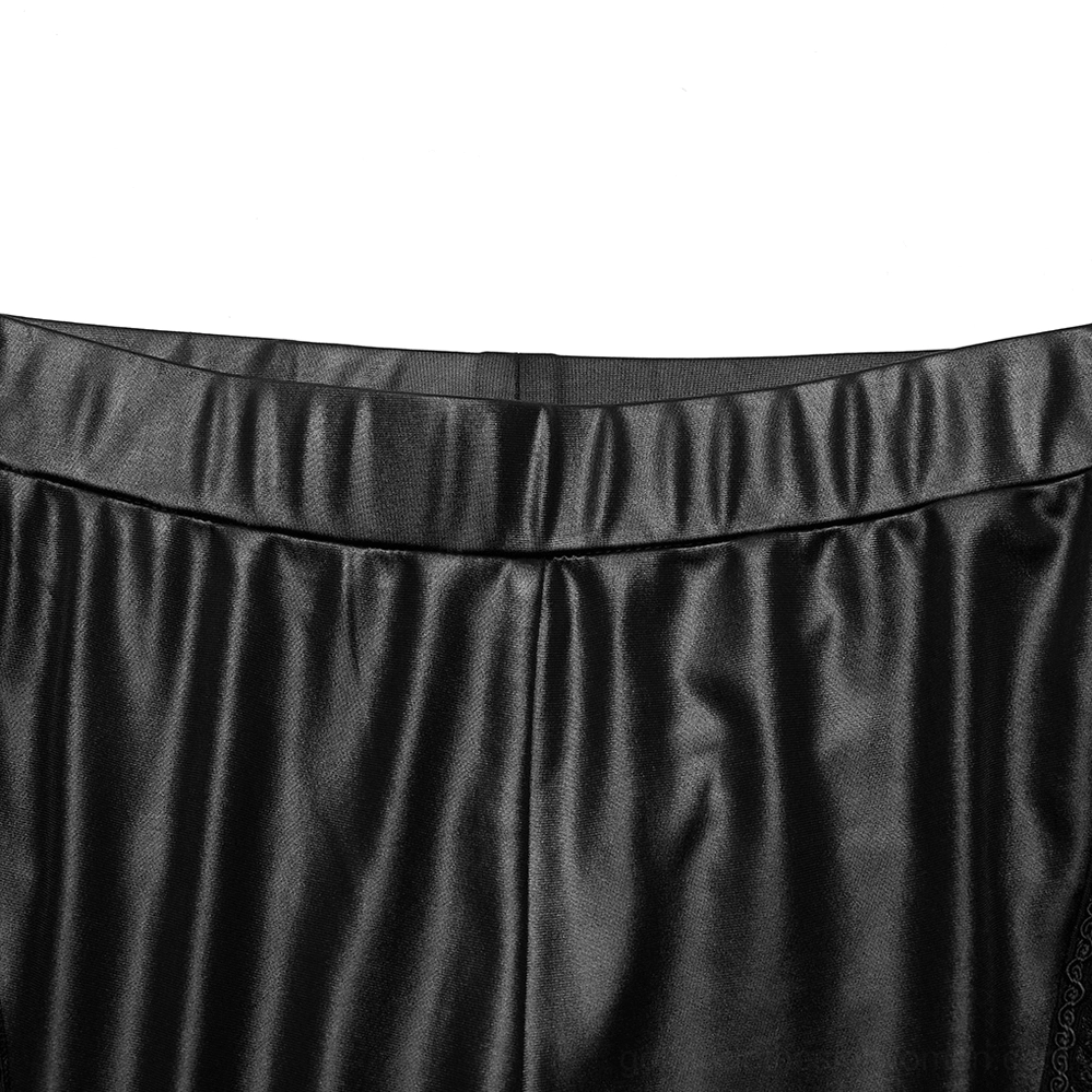 Gothic leggings close-up of mesh panel, lace trim, and ruffled side seam embellishment