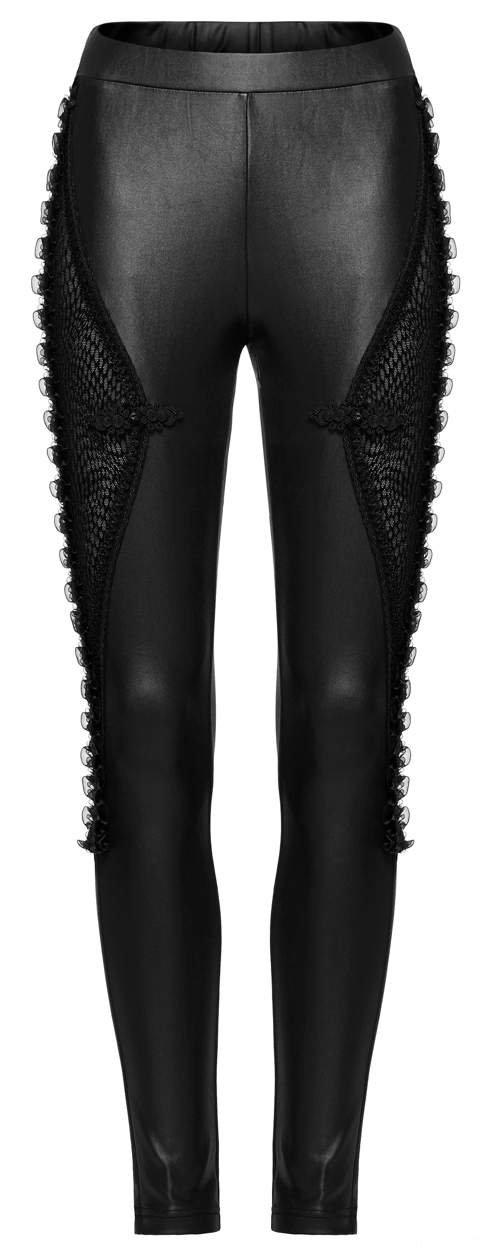 Black gothic leggings flat lay showing ruffled side trim and mesh panel details