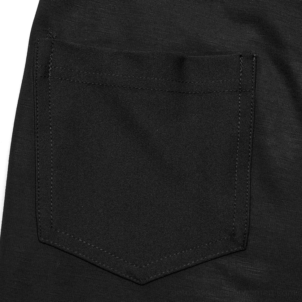 Black gothic leggings patch pocket detail and stretch fabric close-up