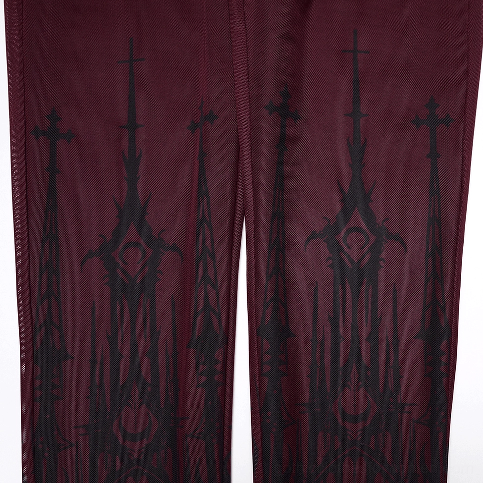 close-up detail of burgundy gothic leggings black church cross pattern design