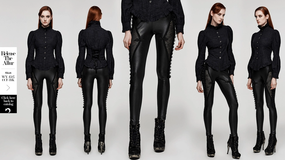 Black gothic leggings product shot showing overall silhouette and lace-up mesh design