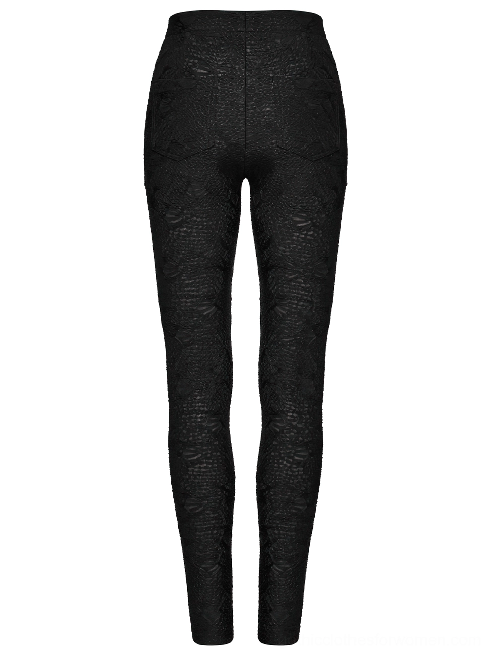 Black gothic leggings rear flat lay view displaying solid embossed lace texture and minimalist back design