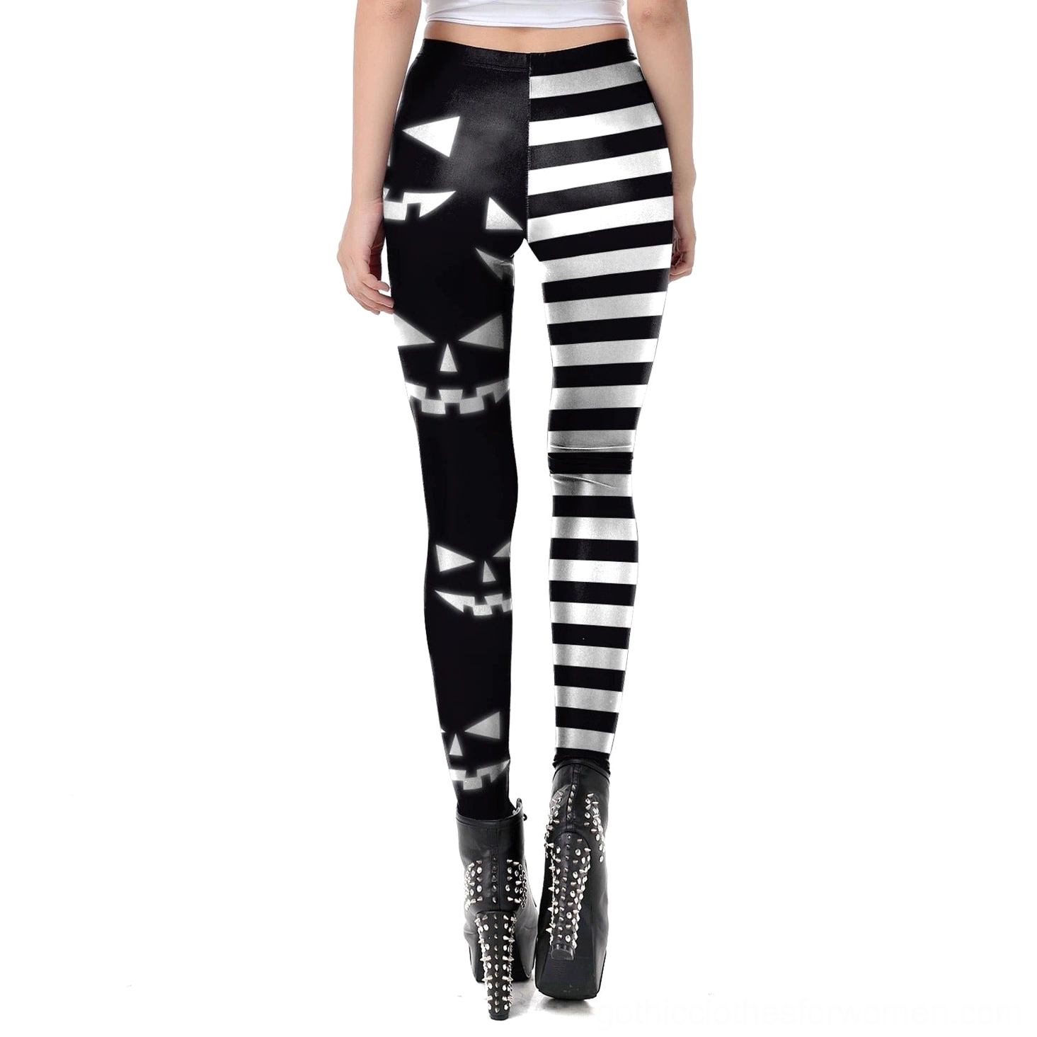 Black gothic split-print leggings rear view, demonstrating form-fitting stretch fabric and full ankle length