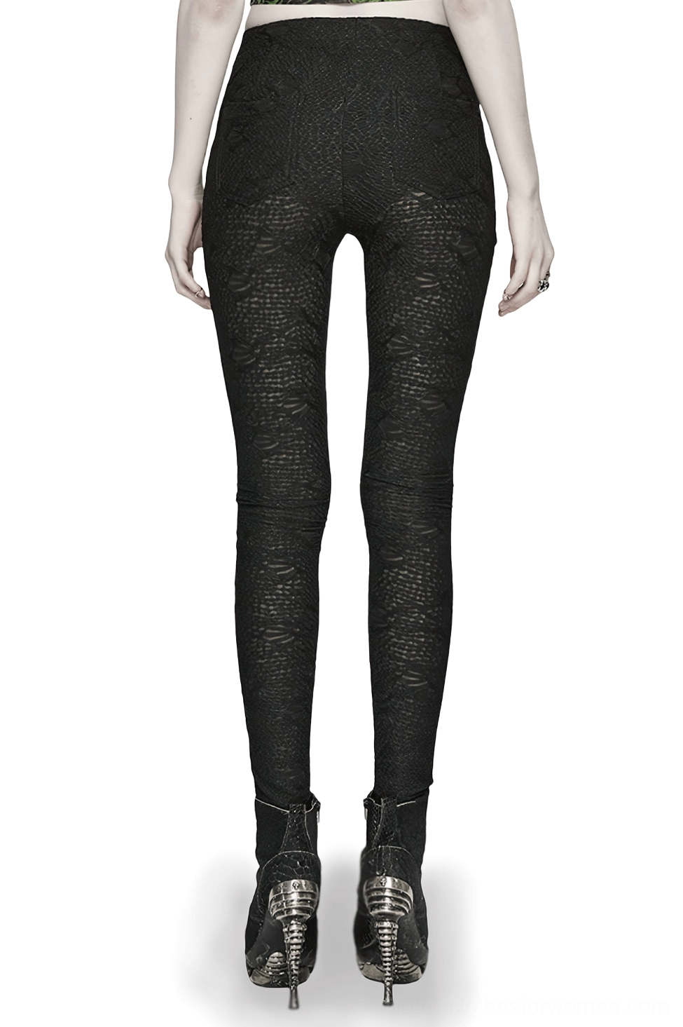 Gothic leggings rear view showing textured embossed lace fabric and minimalist back design with metal buckle details
