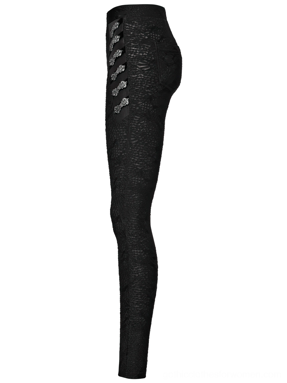 Side profile of black gothic leggings showing high-waisted close-fitting silhouette and decorative waist buckle