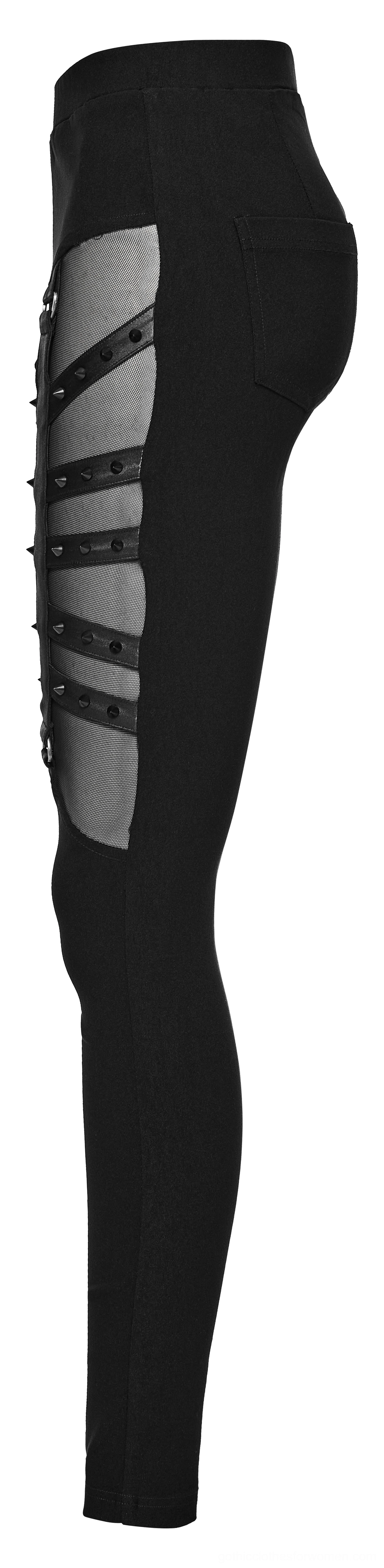 Black mesh studded gothic leggings side profile flat lay, skeleton strap construction