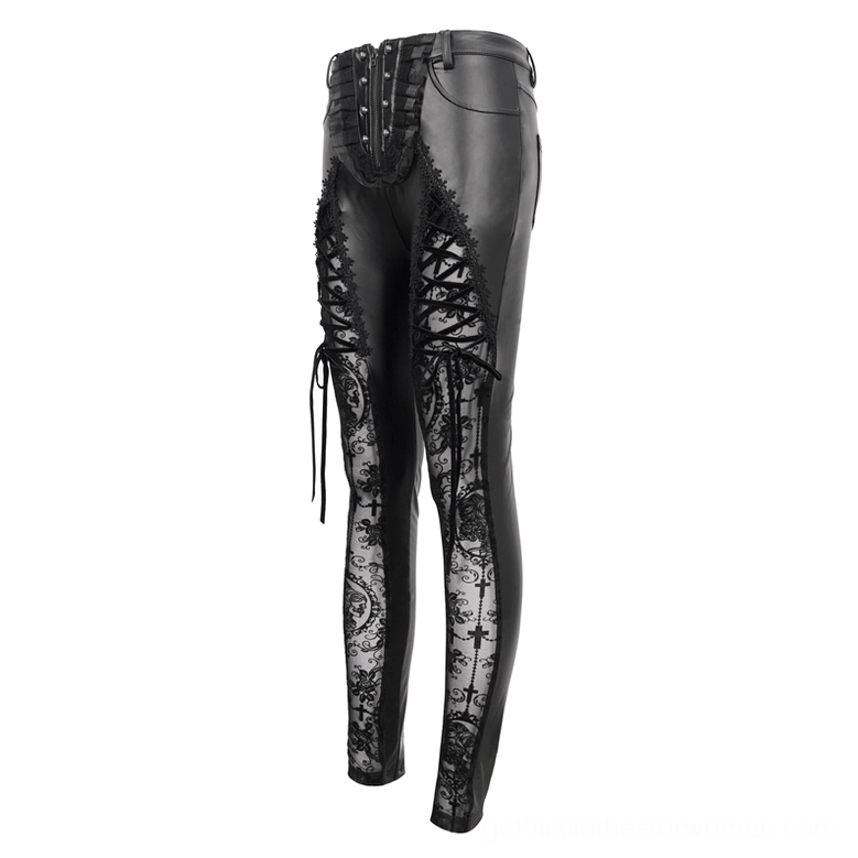 Black gothic lace-up leggings side full-body view showing lace-up panels and corset waist slim fit