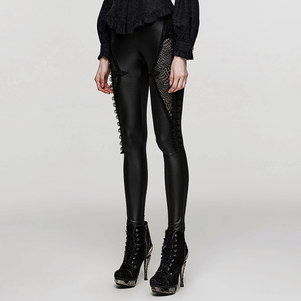 Gothic skinny leggings side seam detail with mesh insert and lace trimming