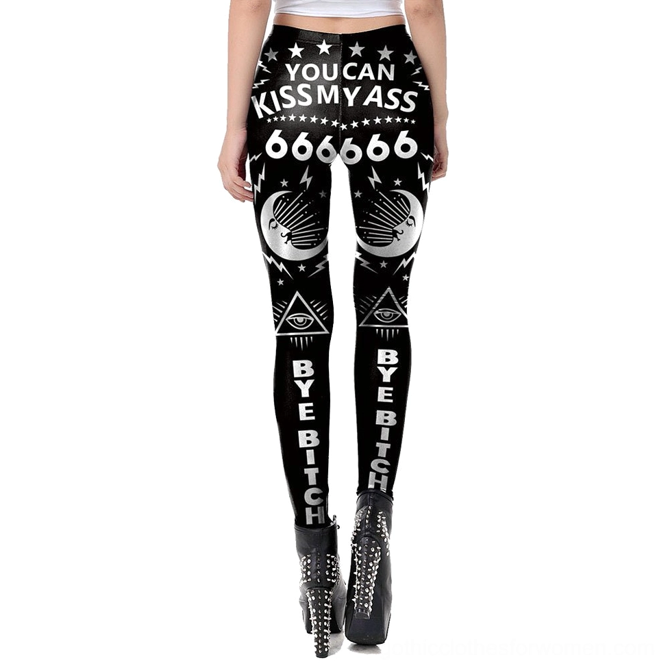Goth slogan leggings front view with 666666 and 'YOU CAN KISS MY ASS' text, moon eye pattern details