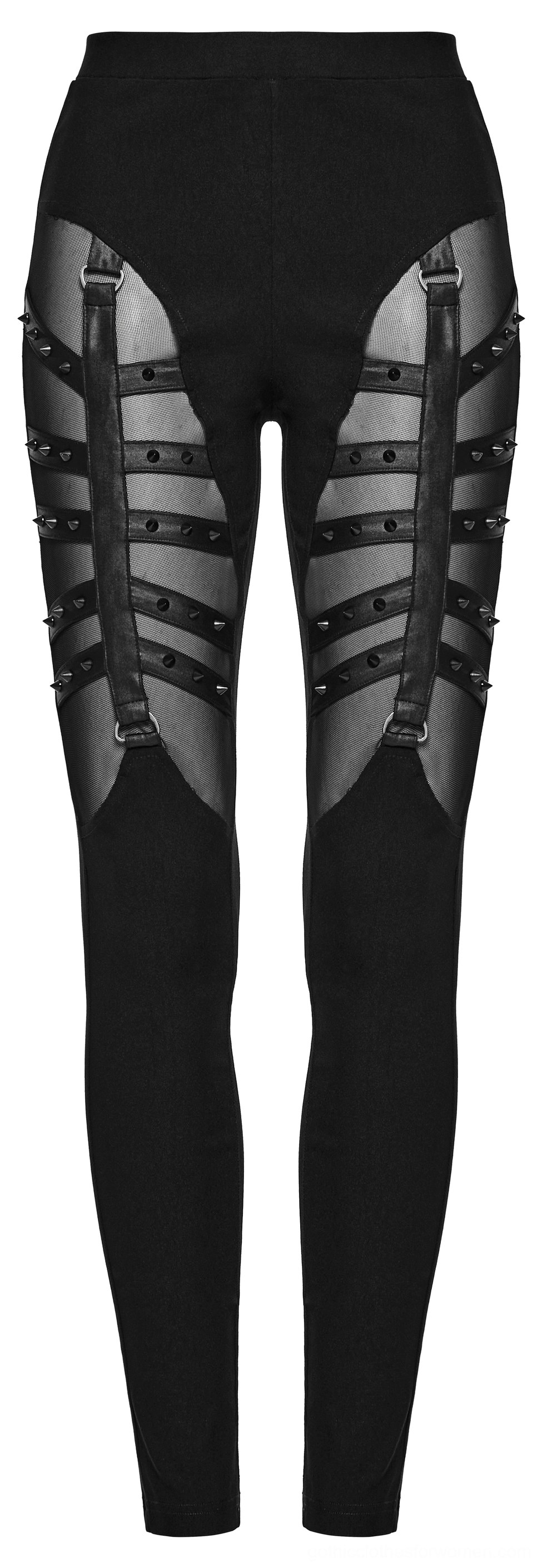 Symmetric studded mesh side panels gothic leggings flat lay detailed view