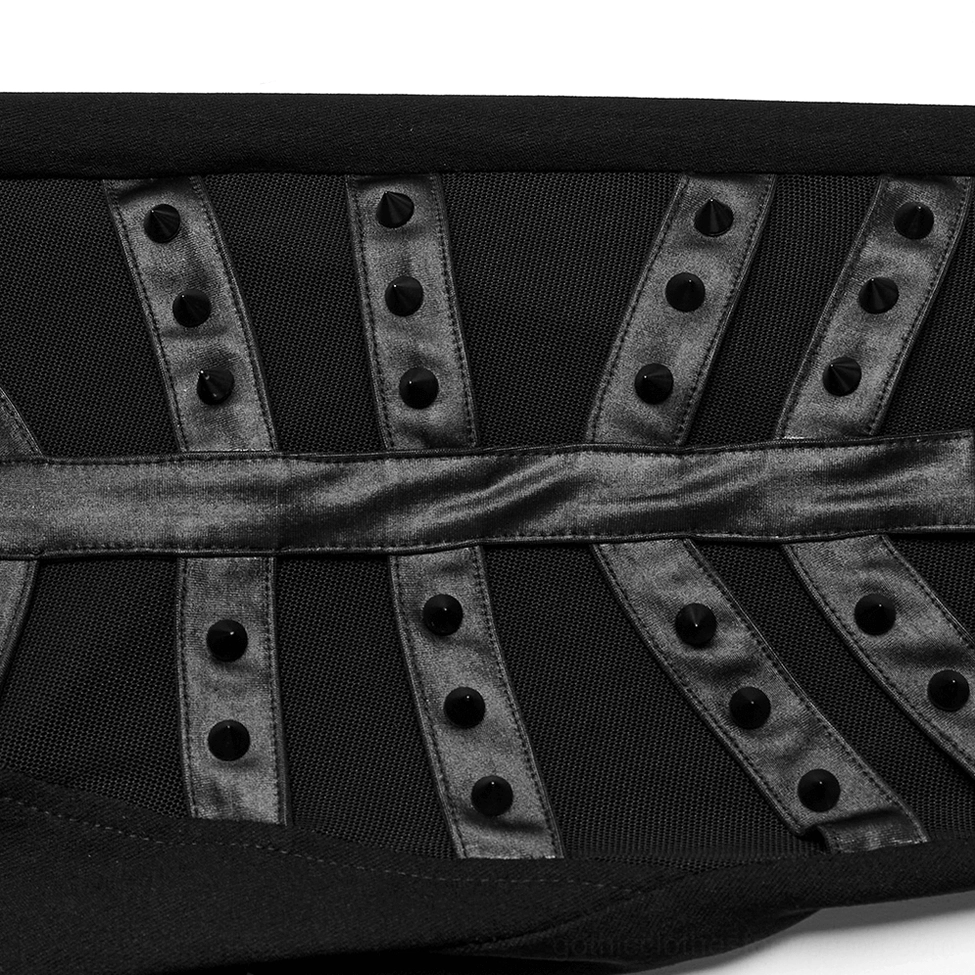 Studded mesh strap close-up detail, black mesh with round metal studs and leather straps