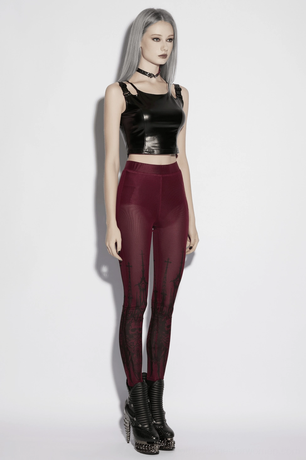 burgundy gothic mesh leggings three-quarter view alternative fashion styling