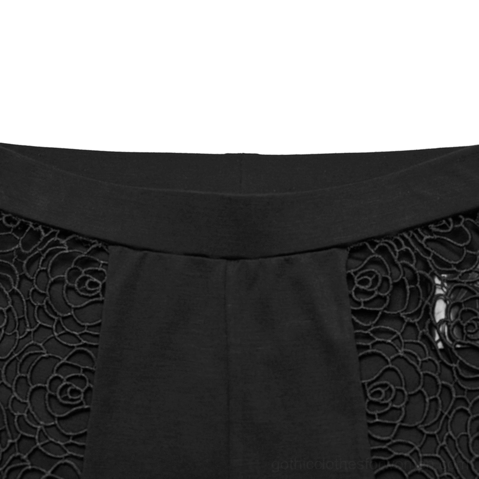 Black gothic leggings high waistband detail close-up showing fabric junction