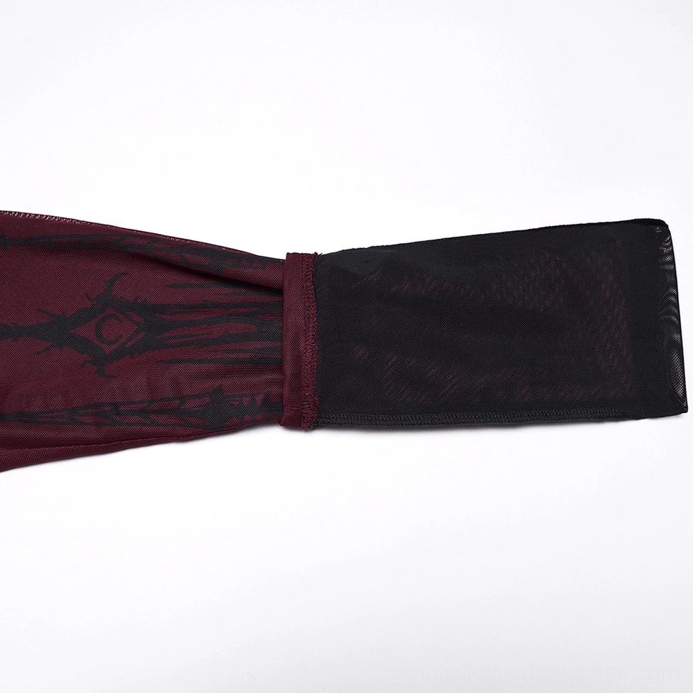 close-up of burgundy gothic leggings waist elastic band and mesh fabric texture