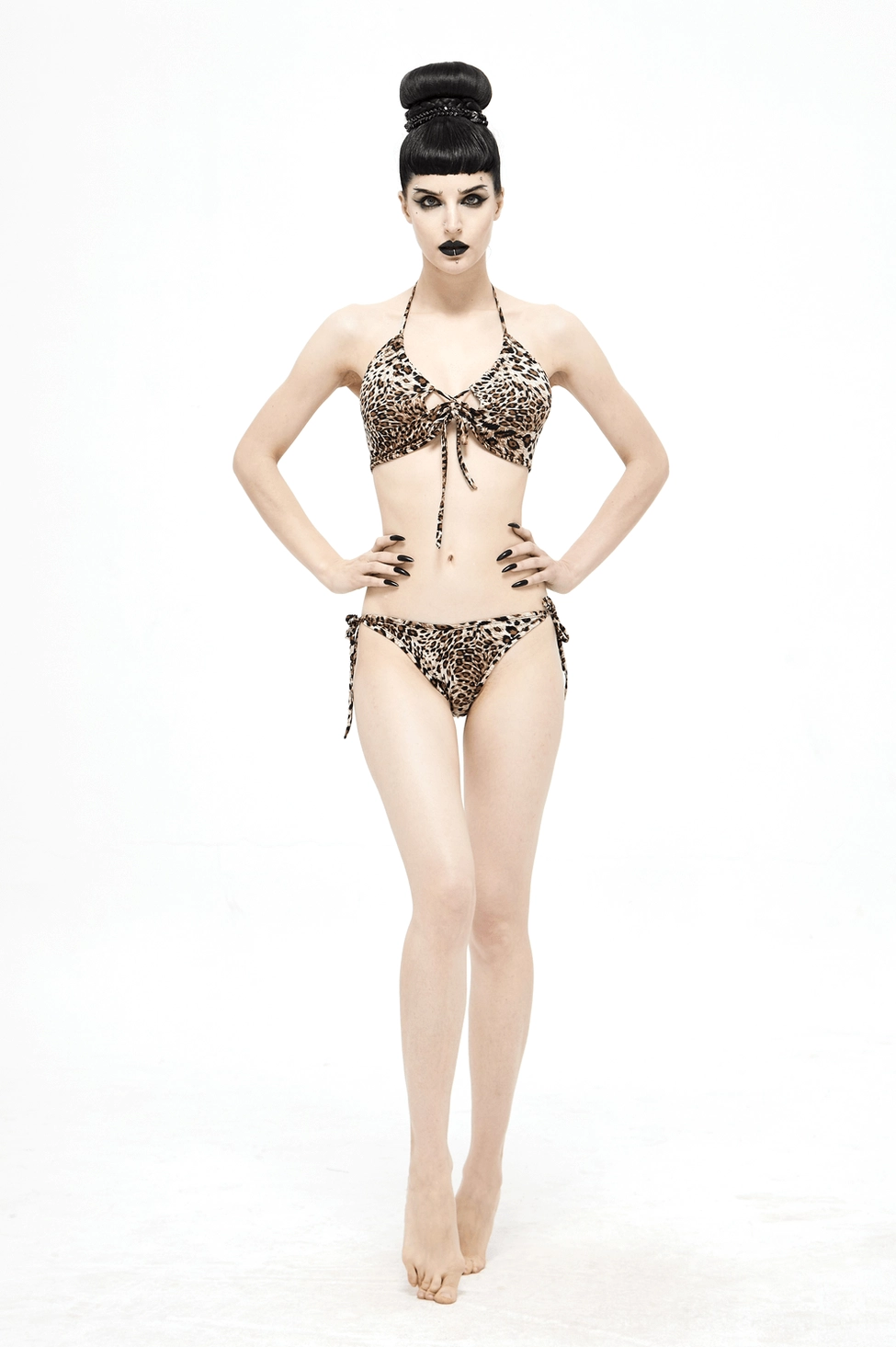 Leopard print gothic bikini swimwear detailed product view, emphasizing design features and material quality