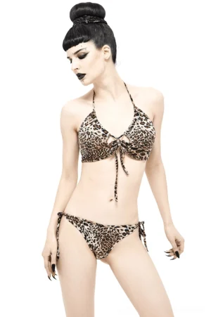 Leopard print gothic bikini swimsuit on female model with goth hairstyle, front view showcasing lace-up halter top and tie-side bottoms