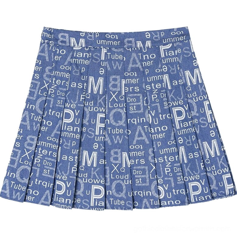 Cobalt blue letter print denim mini skirt flat lay front view, detailed typography pattern showcase
