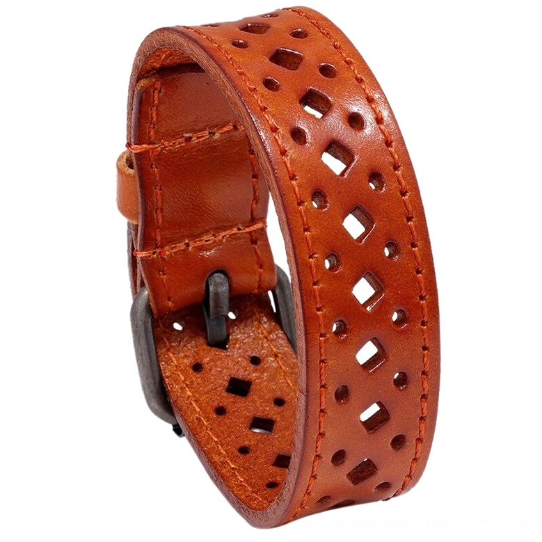Light brown tan vintage leather bracelet with geometric square cutout details and cowhide material, close-up front view