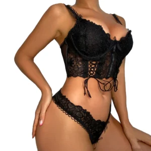 Black gothic lace lingerie set side view showing sheer mesh panels and front lace-up corset detail