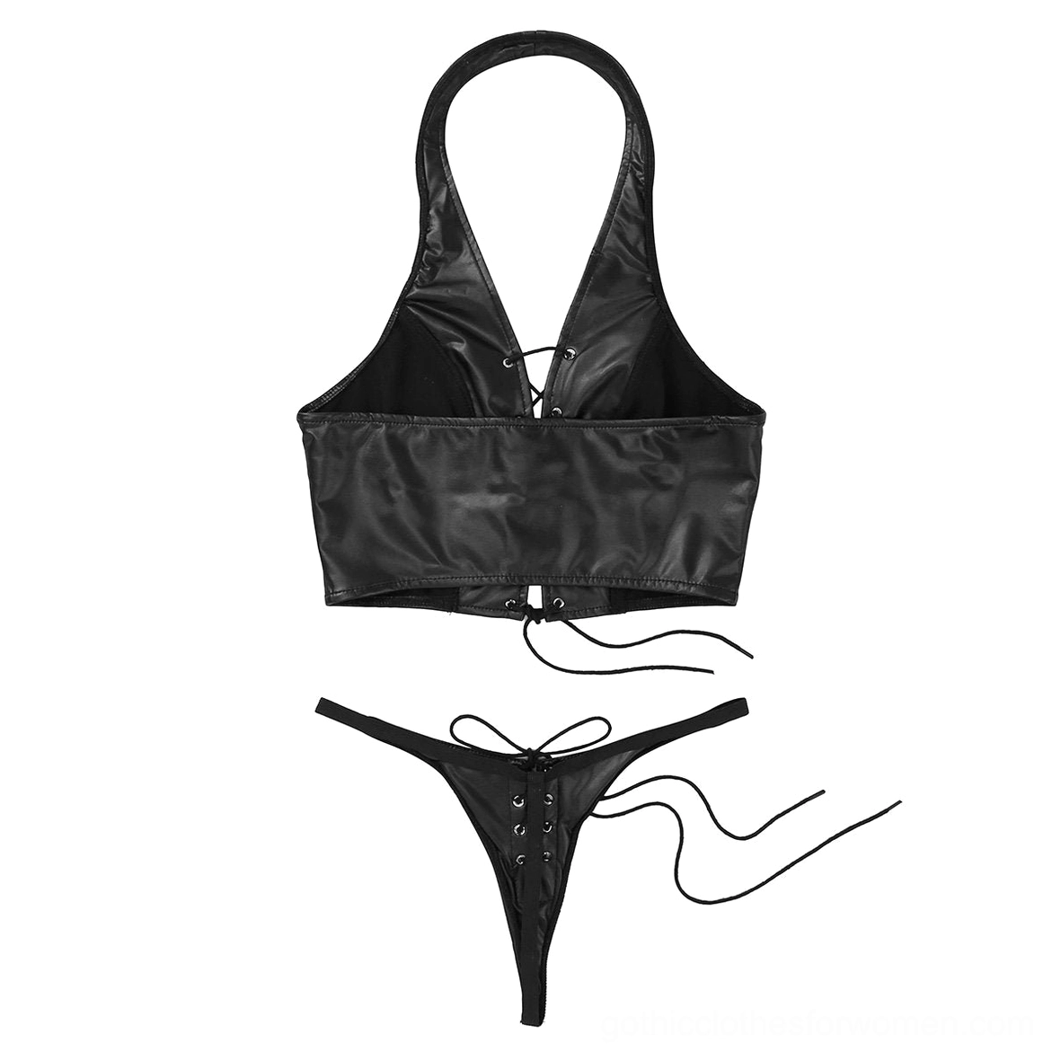 Black faux leather gothic lingerie set front and back display showing backless halter top and low-rise g-string thong