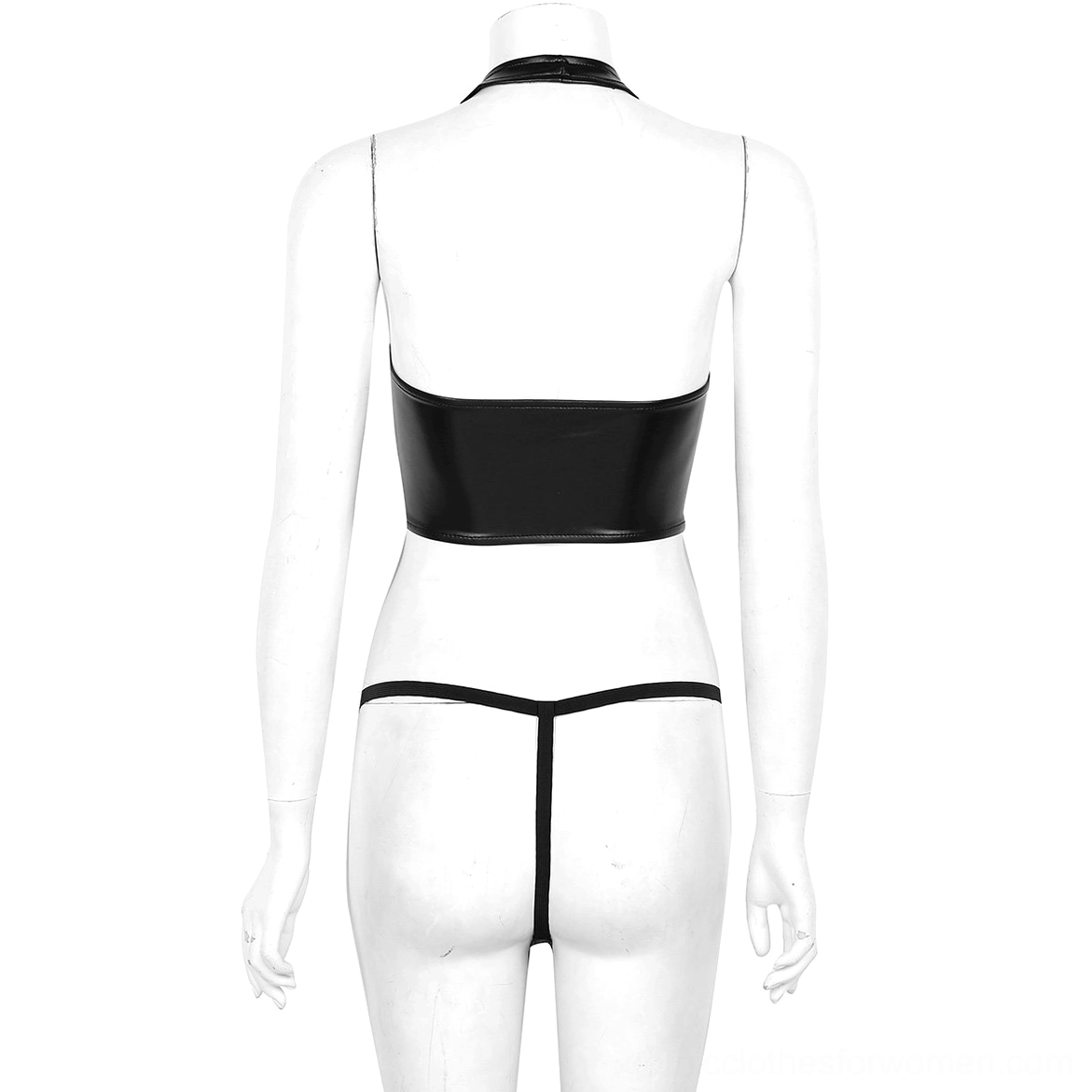 Black faux leather gothic lingerie set detail shot highlighting spandex blend material and wired construction