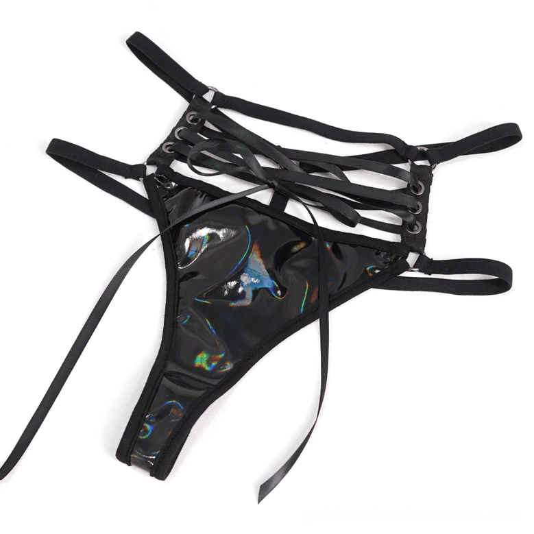 Black faux leather gothic lingerie set back panel and strap system on mannequin showing open back style engineering