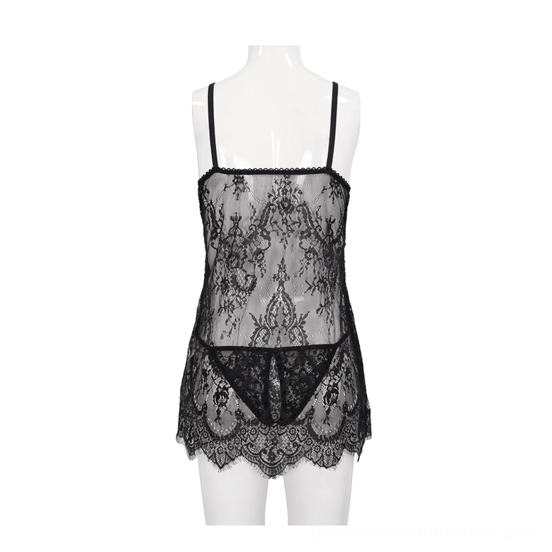 Black lace gothic lingerie chemise back view with matching thong and scalloped lace hem