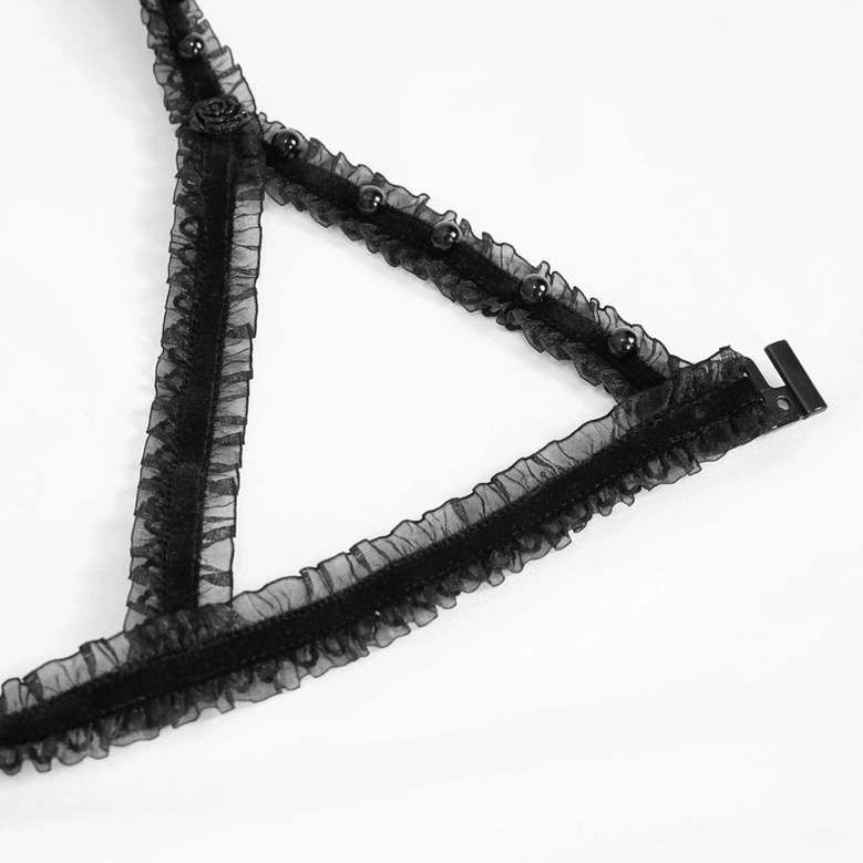 Black gothic two-piece lingerie set fabric and trim details, showcasing polyamide-cotton blend material and ruffled edge finishing