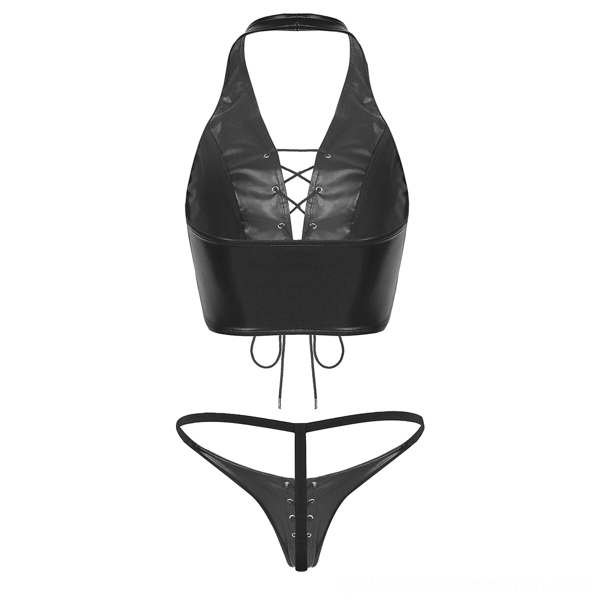Black faux leather gothic lingerie set side flat lay view displaying backless halter top with front lace-up detail