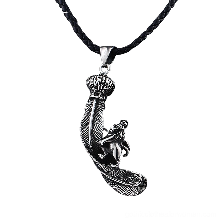 Lion crown feather stainless steel gothic pendant with black braided cord, overhead view on white background, vintage silver-toned metal with intricate carved details