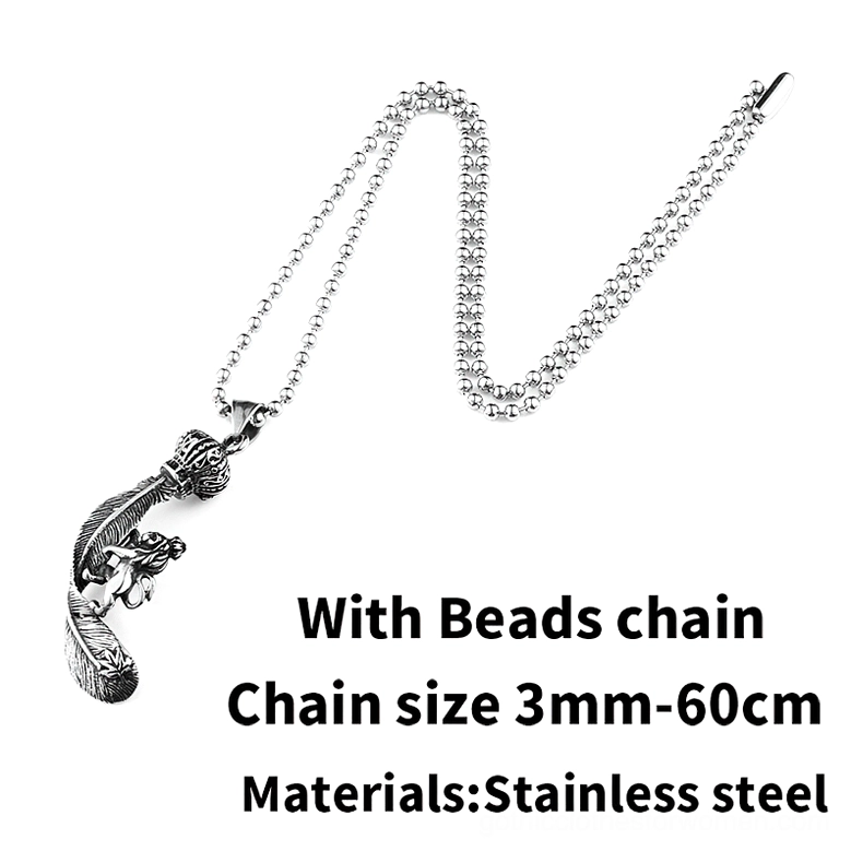 Gothic lion crown feather pendant with 3mm beaded chain, flat lay composition showing complete necklace setup, 60cm chain length stainless steel