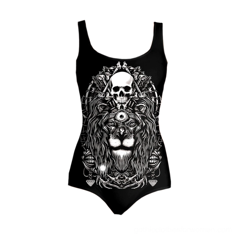 Lion skull 3D print gothic swimsuit flat lay front detail display
