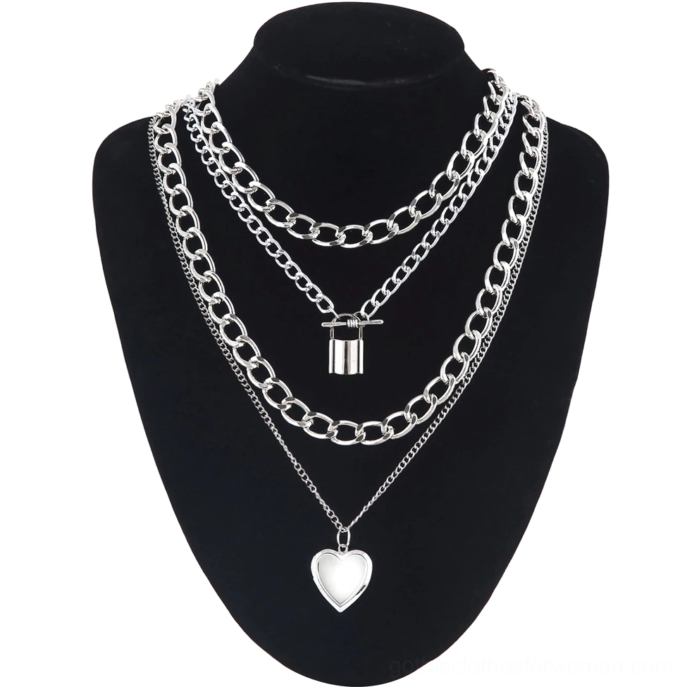 Multi-layered lock and heart gothic chain necklace displayed on black mannequin bust, front view with silver metal chains and romantic pendants