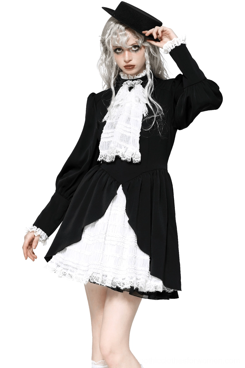 Victorian Gothic black and white lace dress front view on model - featuring high stand collar, lace jabot, long puff sleeves, and tiered ruffled skirt