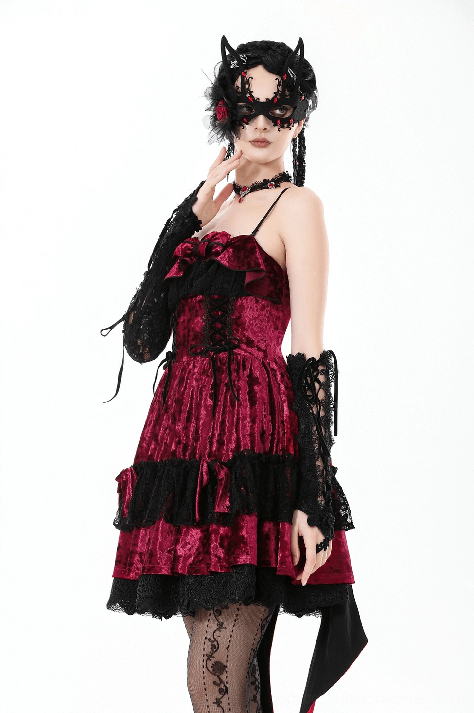 Product shot showing burgundy gothic Lolita mini dress with all design features visible including corset details and tail attachment points