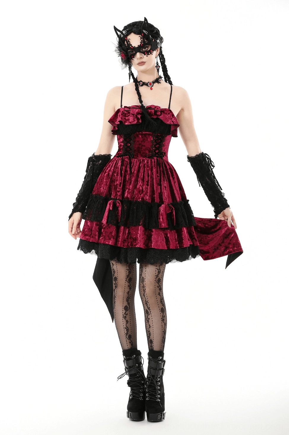 Alternative product display of burgundy velvet gothic Lolita dress highlighting the full silhouette and layered skirt construction
