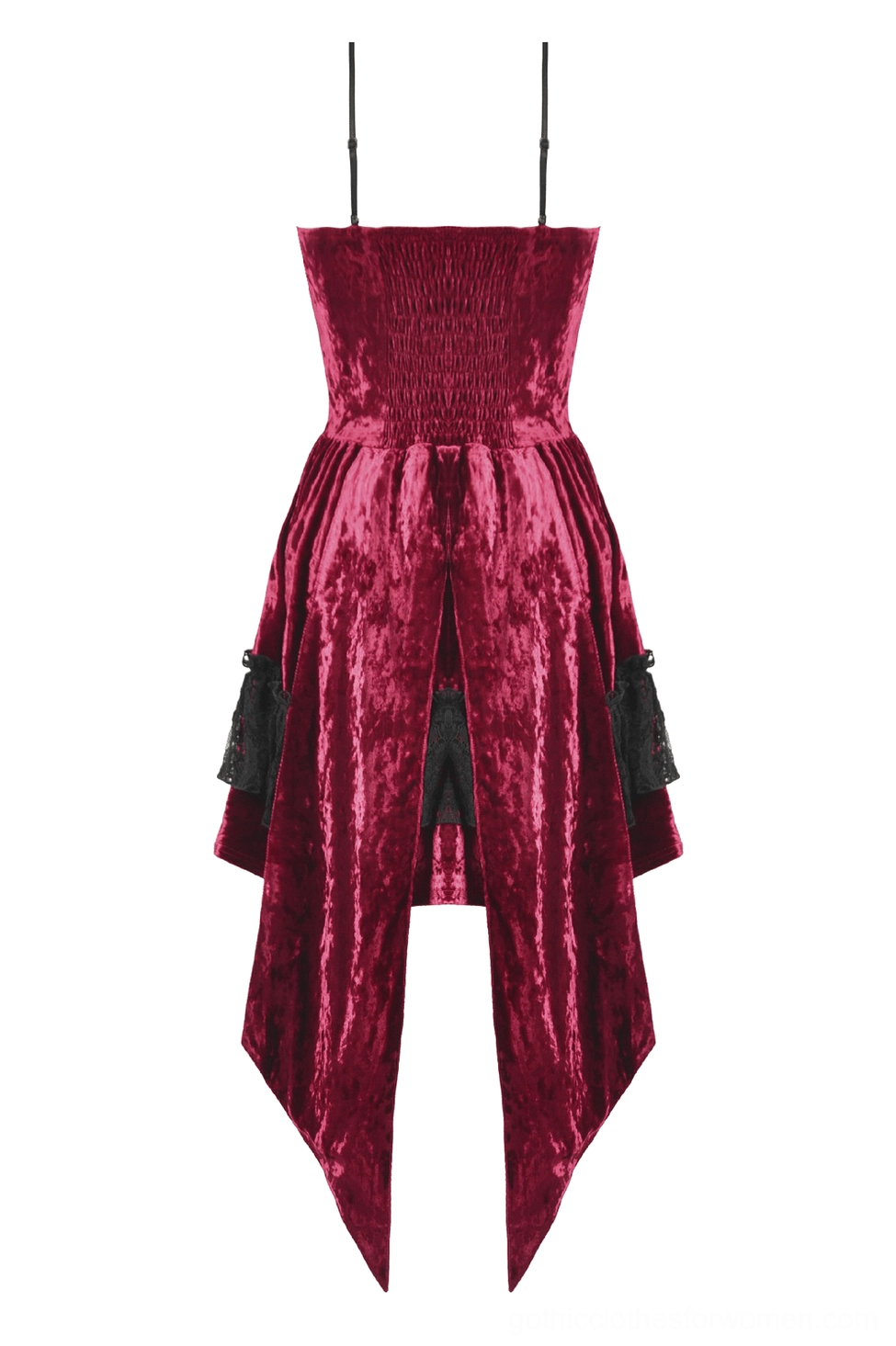 Back full product view of burgundy velvet gothic Lolita dress displaying shirred back panel, asymmetrical hem, and spaghetti strap design