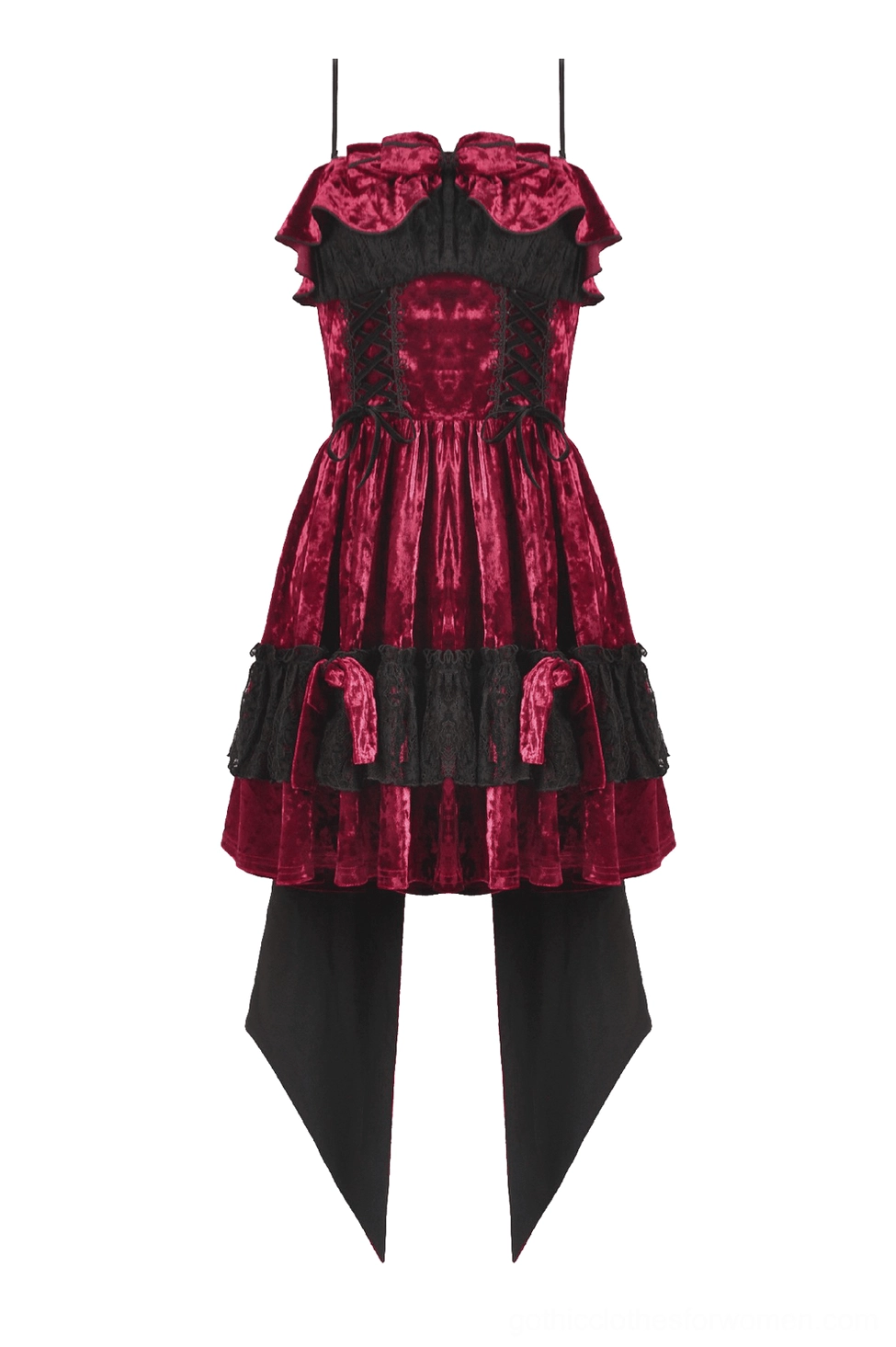 Front full product display of burgundy gothic Lolita dress showing lace-trimmed bust, layered ruffled skirt, and detachable black tail underlayer